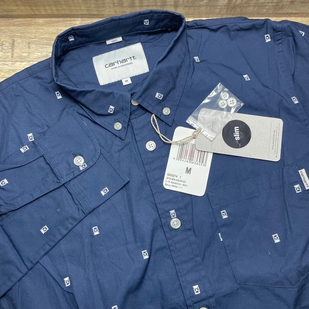 Carhartt WIP Mens L/S Sandclock Shirt Navy Blue Slim Fit Cotton Medium Time New